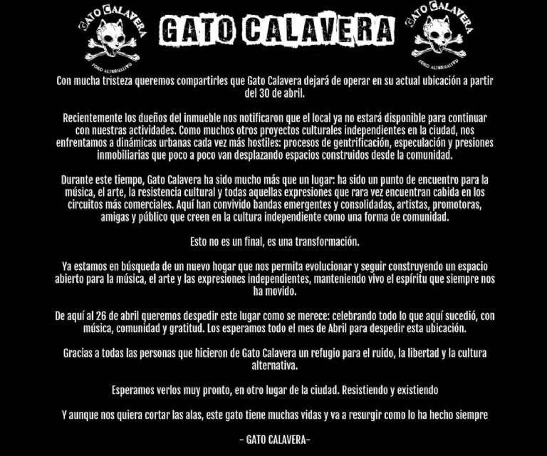 Comunicado oficial de la organización de Gato Calavera 